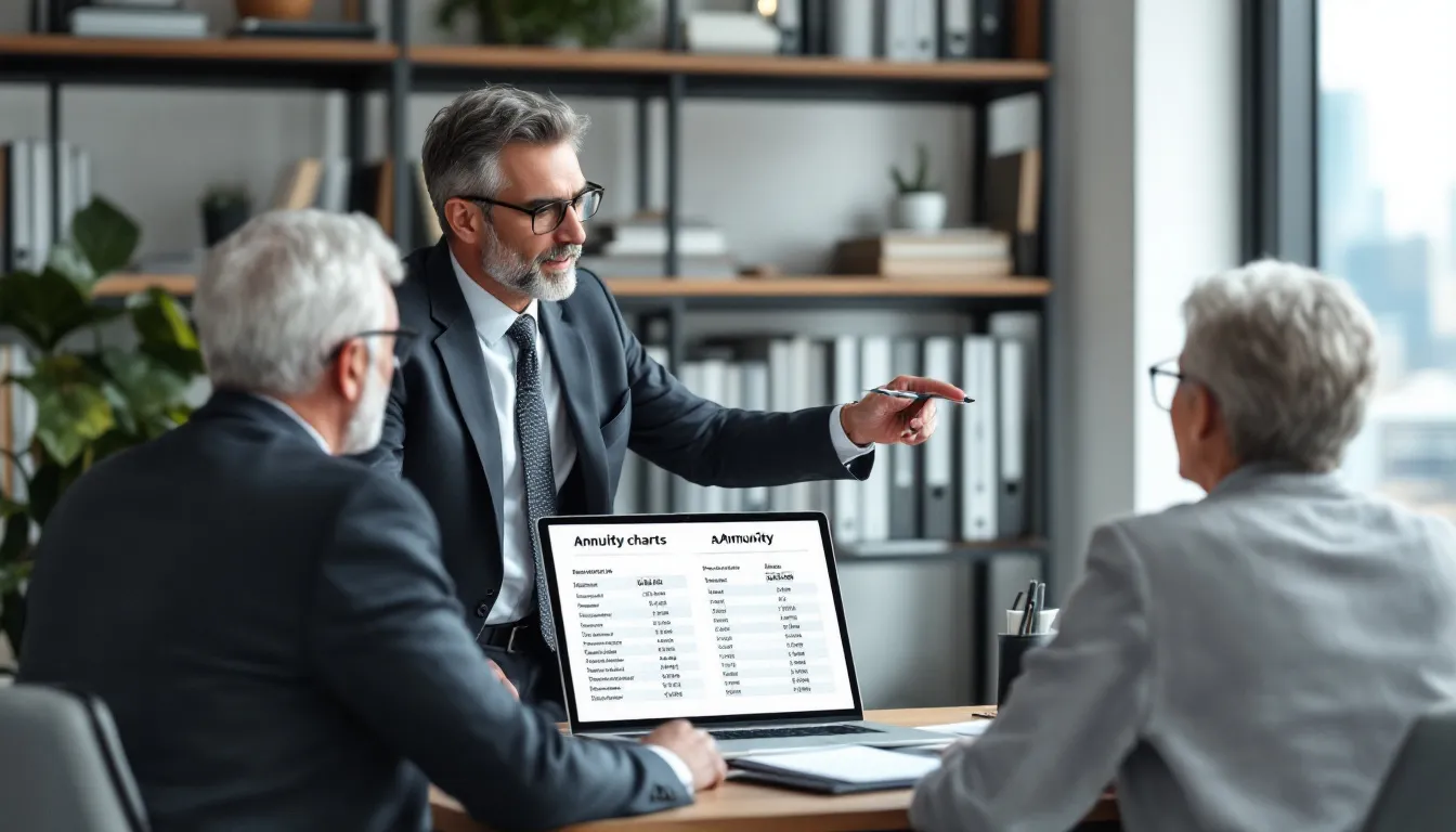 A financial advisor is explaining various annuity charts to a mature couple, highlighting the differences between variable annuities and guaranteed payments. The couple appears engaged as they explore their options for financial planning and retirement security.
