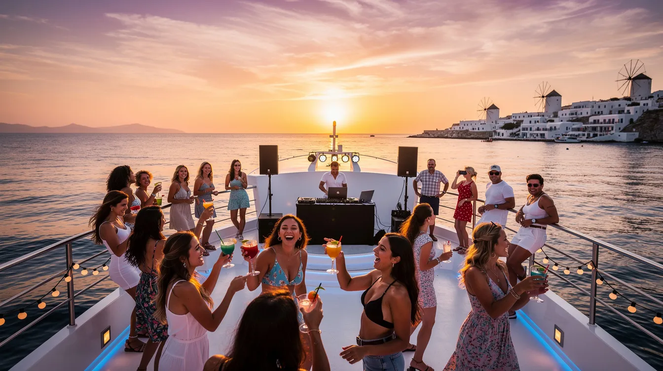Um cruzeiro ao pôr do sol em Mykonos, na Grécia, exibe um cenário deslumbrante com o mar Egeu refletindo as cores quentes do céu. Participantes da festa a bordo desfrutam da atmosfera vibrante, cercados por ilhas e praias paradisíacas.