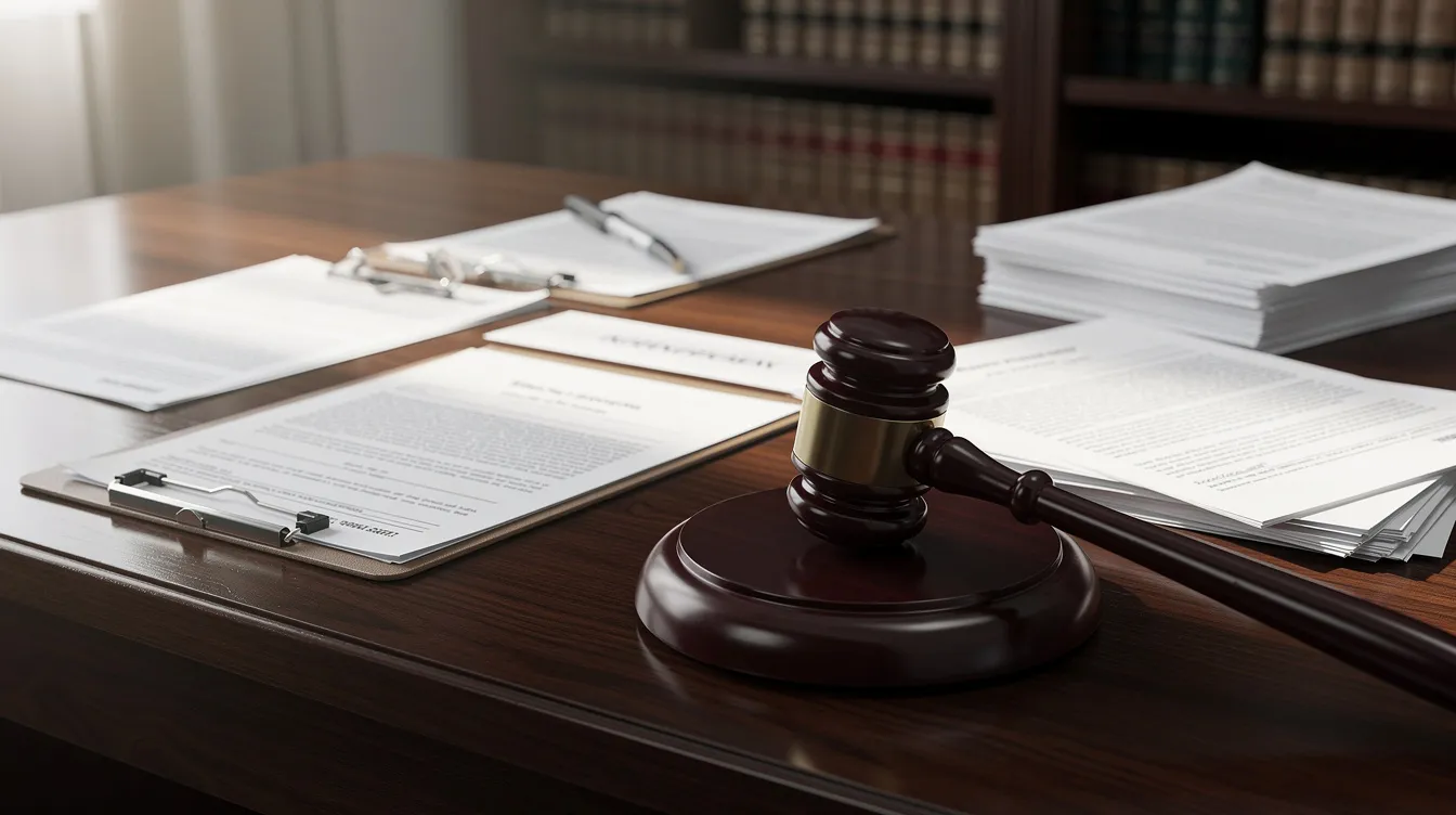 The image features a set of legal documents alongside a judge's gavel on a wooden desk, symbolizing the legal process involved in personal injury cases. This scene represents the essential elements of a personal injury law firm, where experienced attorneys assist clients in seeking maximum compensation for their injuries.