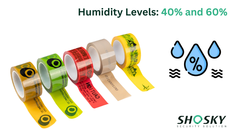 Tamper-evident tape in various colors stored under proper humidity conditions