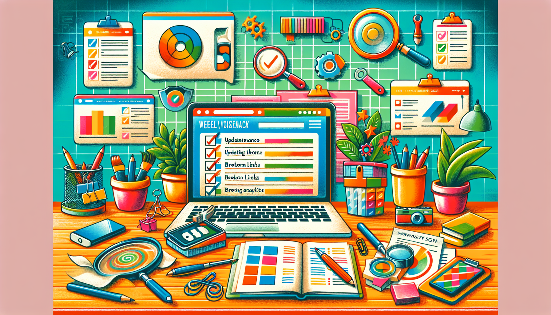 An illustration highlighting crucial weekly maintenance tasks for WordPress.