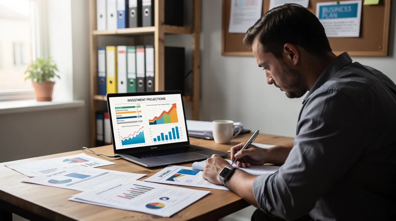 An entrepreneur is seated at a small desk, reviewing financial documents while a laptop displays investment projections for a business plan. This scene highlights the importance of substantial investment and operational control in successfully navigating the E-2 visa requirements for treaty investors.