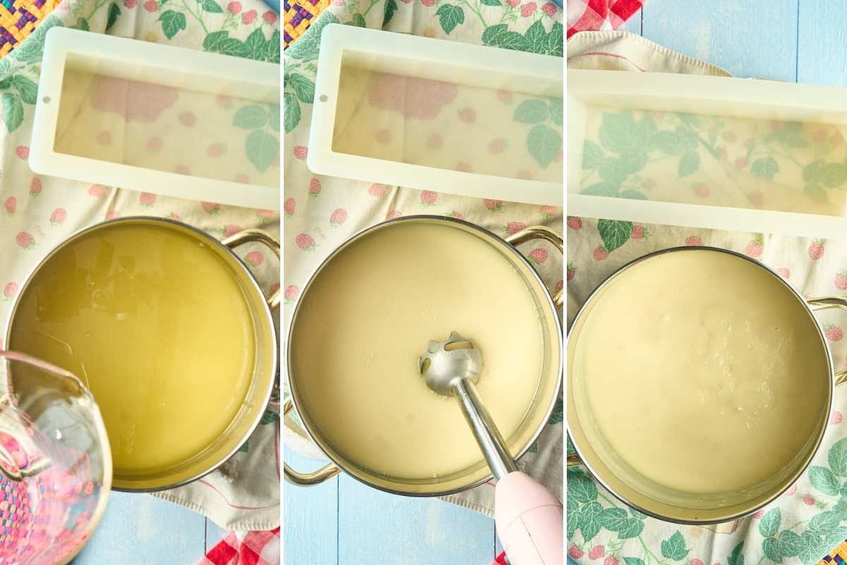 grid of 3 stages of homemade soap: adding lye, blending, and trace