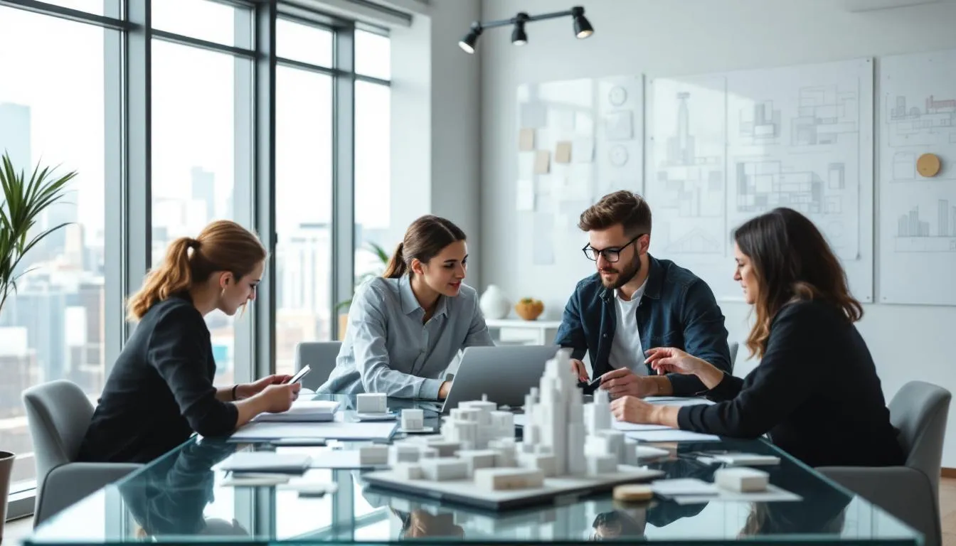 A diverse architecture team collaborates in a modern office, discussing building designs and preparing construction drawings. The scene showcases experienced architects and architecture students working closely with project managers to ensure compliance with building codes and client specifications.