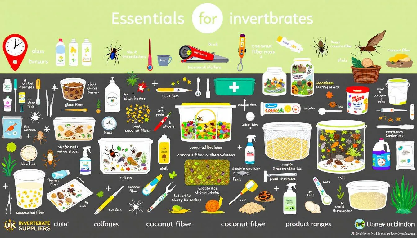 Essential accessories for keeping invertebrates, including containers and tools.
