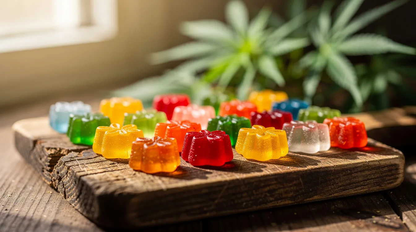 A close-up image showcases a variety of colorful hemp gummies, resembling gummy bears, neatly arranged on a wooden cutting board, with vibrant green hemp leaves in the background. These gluten-free gummies, often used to help with sleep quality and anxiety, highlight their appealing taste and potent effects.