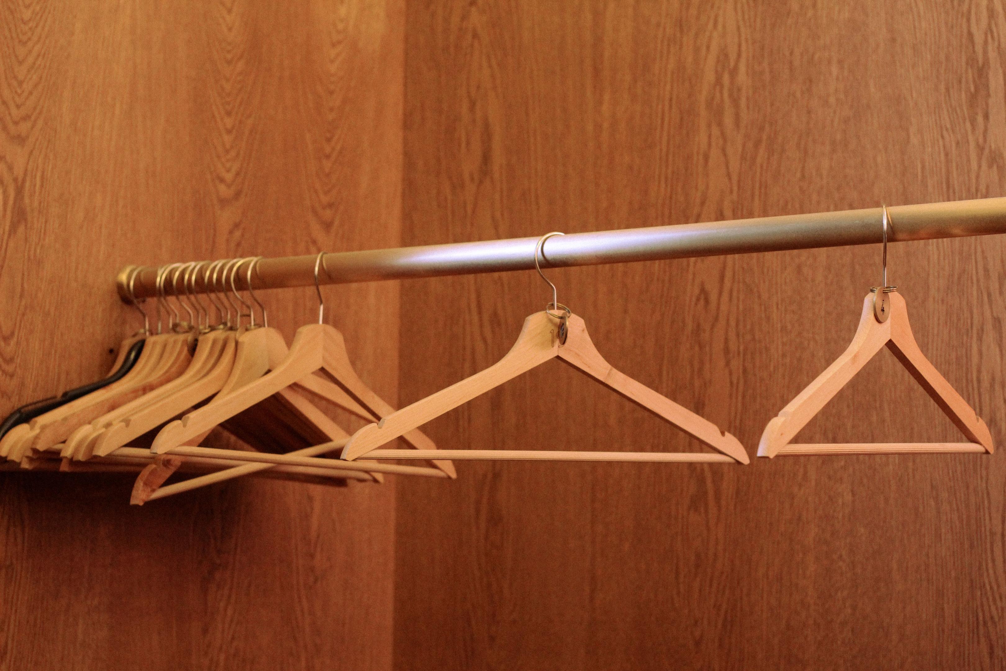 Empty hangers hanging in a wardrobe.