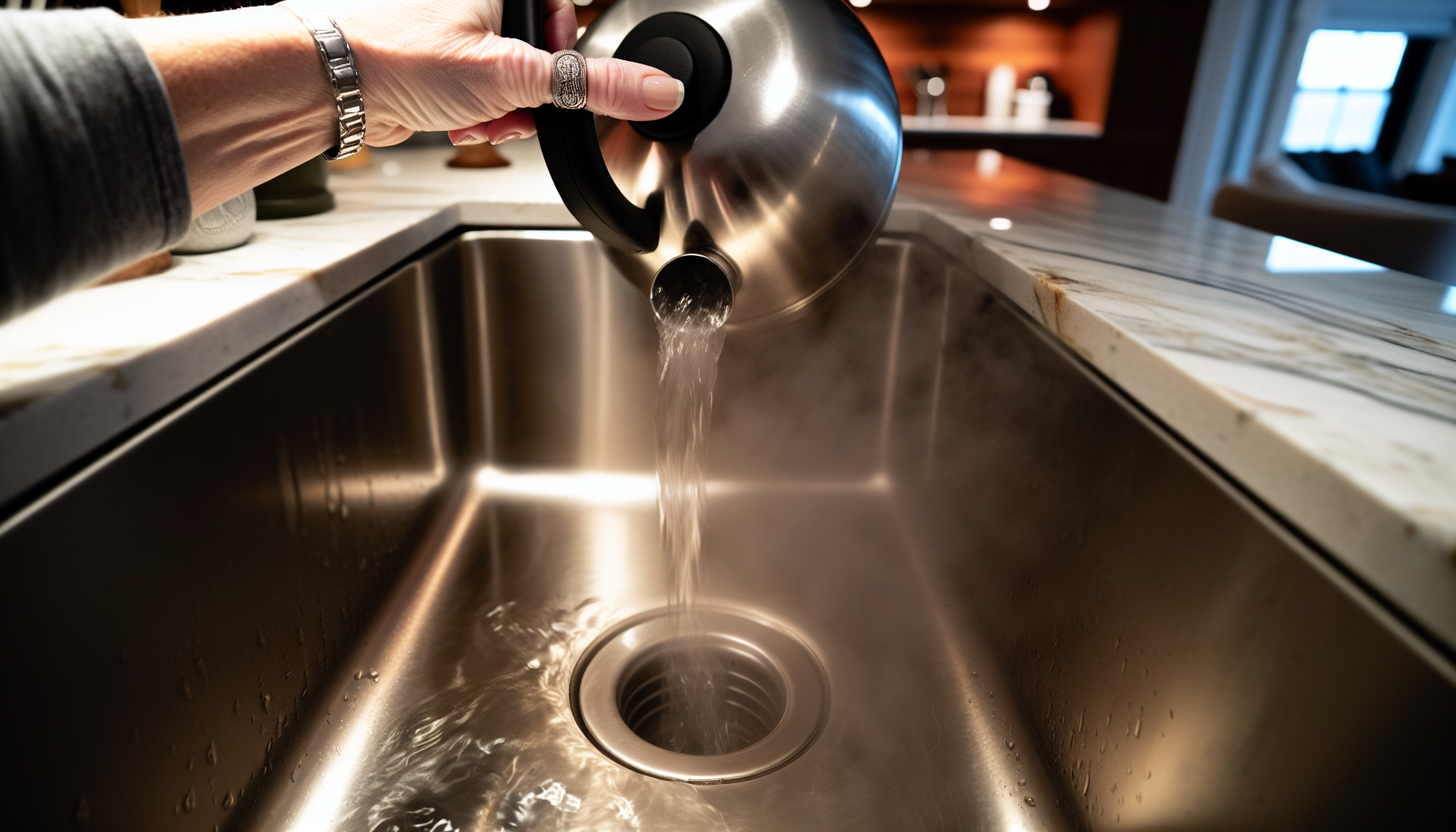 Boiling water being poured down a drain for flushing technique
