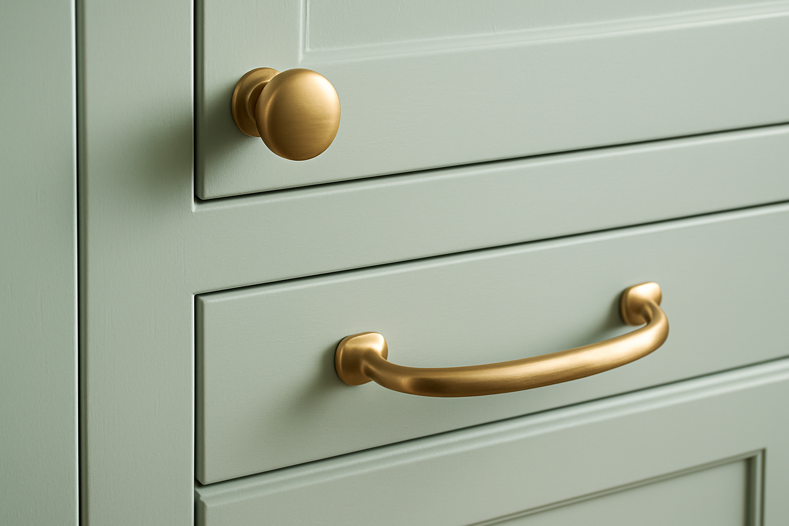A close-up image showcases brushed brass cabinet hardware elegantly mounted on cabinets painted in Sherwin Williams Sea Salt, highlighting the soft green-gray tones that complement the coastal vibe of the kitchen. The natural light enhances the light reflectance value of the sea salt paint, creating a fresh and inviting atmosphere.
