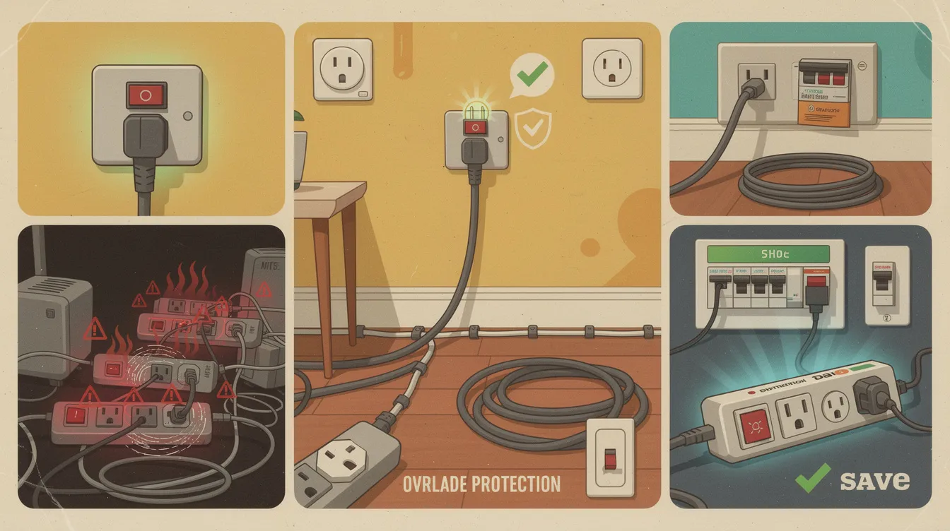 A visual representation of safe extension cord and power strip usage, highlighting overload protection features.