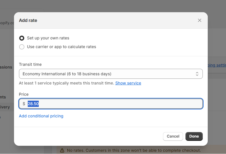 Shopify dashboard - Shipping and delivery settings - Adding a rate for the new shipping zone - Step 2