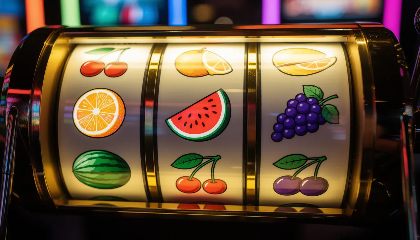En färgglad spelautomat med snurrande hjul som visar fruktsymboler, vilket skapar en livlig och underhållande atmosfär. Denna typ av spel är populär hos Duelz Casino, där spelare kan njuta av spänningen av slots via live.
