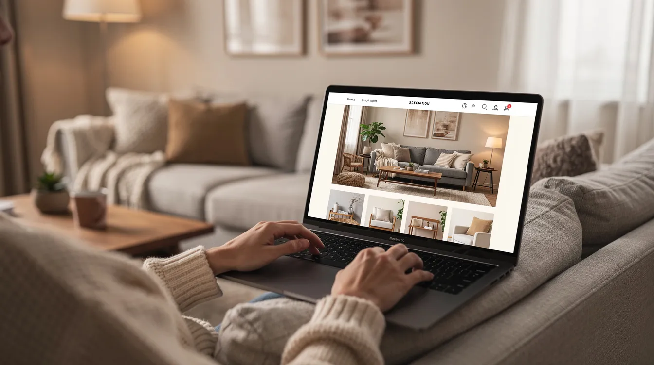 En person sitter vid en laptop och bläddrar igenom en webbplats för inredning, medan en mysig vardagsrumsmiljö syns i bakgrunden. Rummet är inrett med möbler och inredningsdetaljer som skapar en varm atmosfär, perfekt för att hitta inspiration till hemmet.