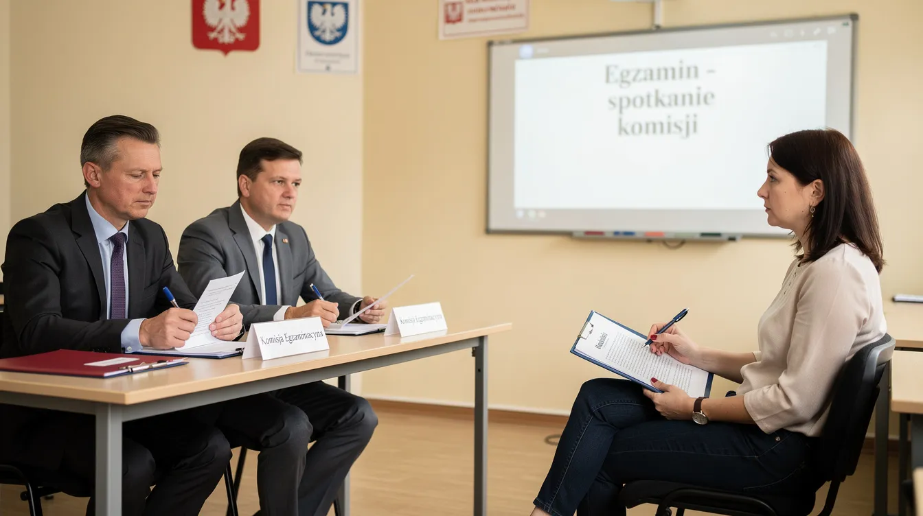 Na obrazie widoczna jest komisja egzaminacyjna rozmawiająca z nauczycielem, kt&oacute;ry stara się uzyskać stopień nauczyciela mianowanego. W trakcie rozmowy omawiane są jego umiejętności, doświadczenie oraz realizacja planu rozwoju zawodowego, a także odpowiedzi na pytania dotyczące awansu zawodowego.