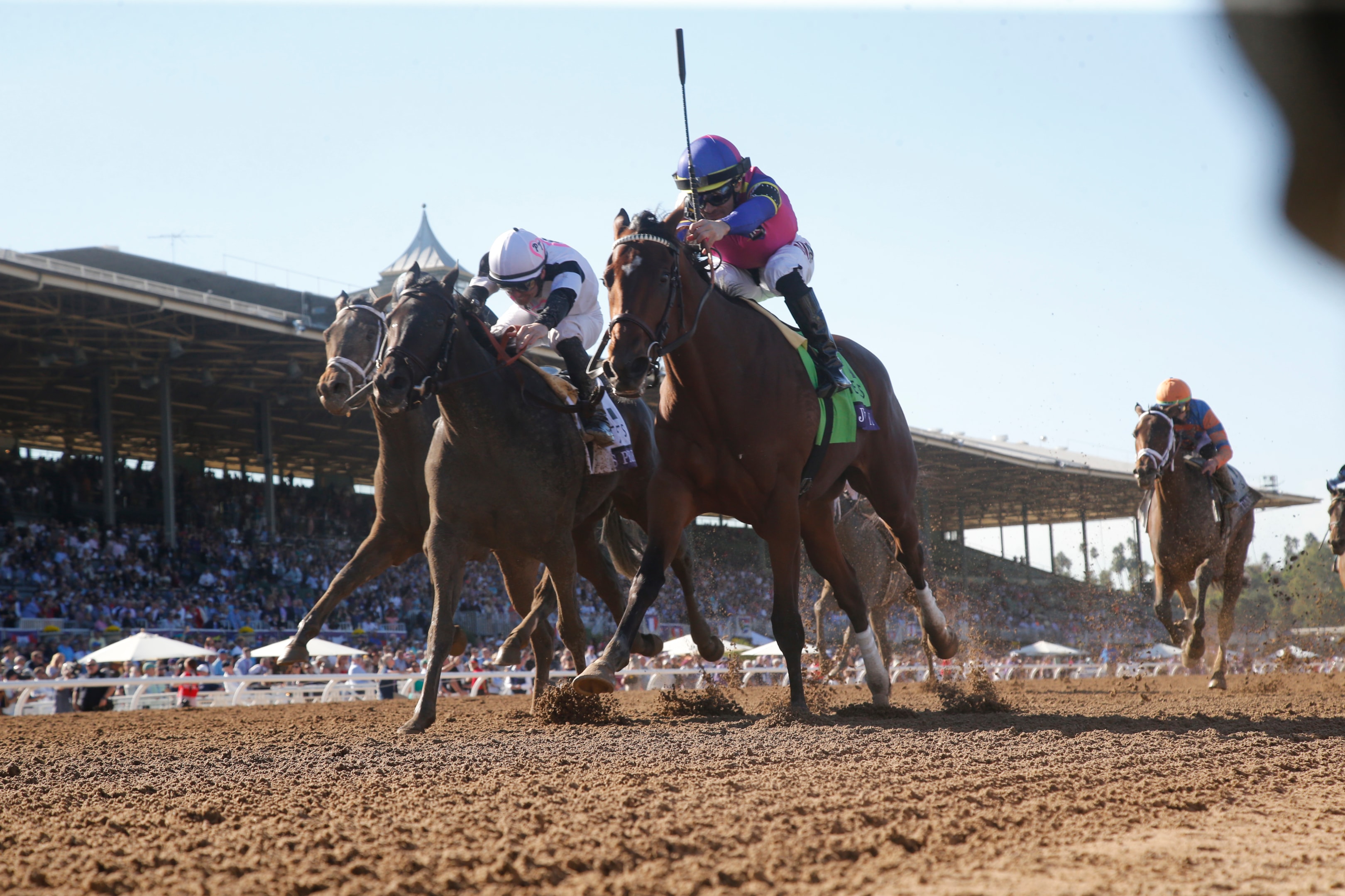 Jockey Junior Alvarado rides Just FYI and wins the Breeders' Cup Juvenile Fillies at Santa Anita Park on November 3, 2023 in Arcadia, California.