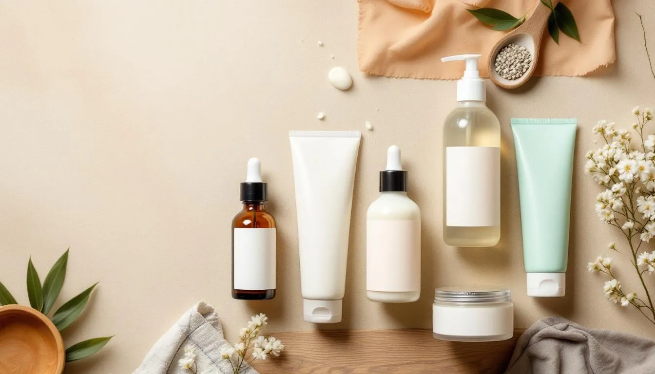 The image showcases a collection of goat milk skincare products, including goat milk soap, lotion, and other natural oils, all arranged neatly together. These products are designed to help manage sensitive skin conditions, such as rosacea, by providing gentle exfoliation and moisturizing properties to maintain healthy skin.