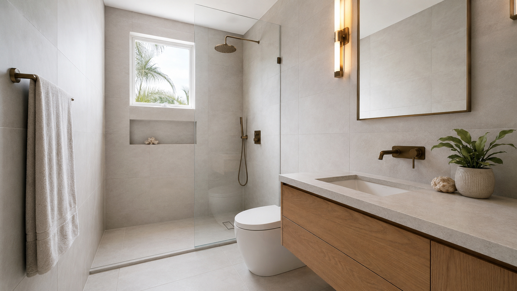 Compact luxury bathroom with light porcelain tiles and matching grout for a seamless look.