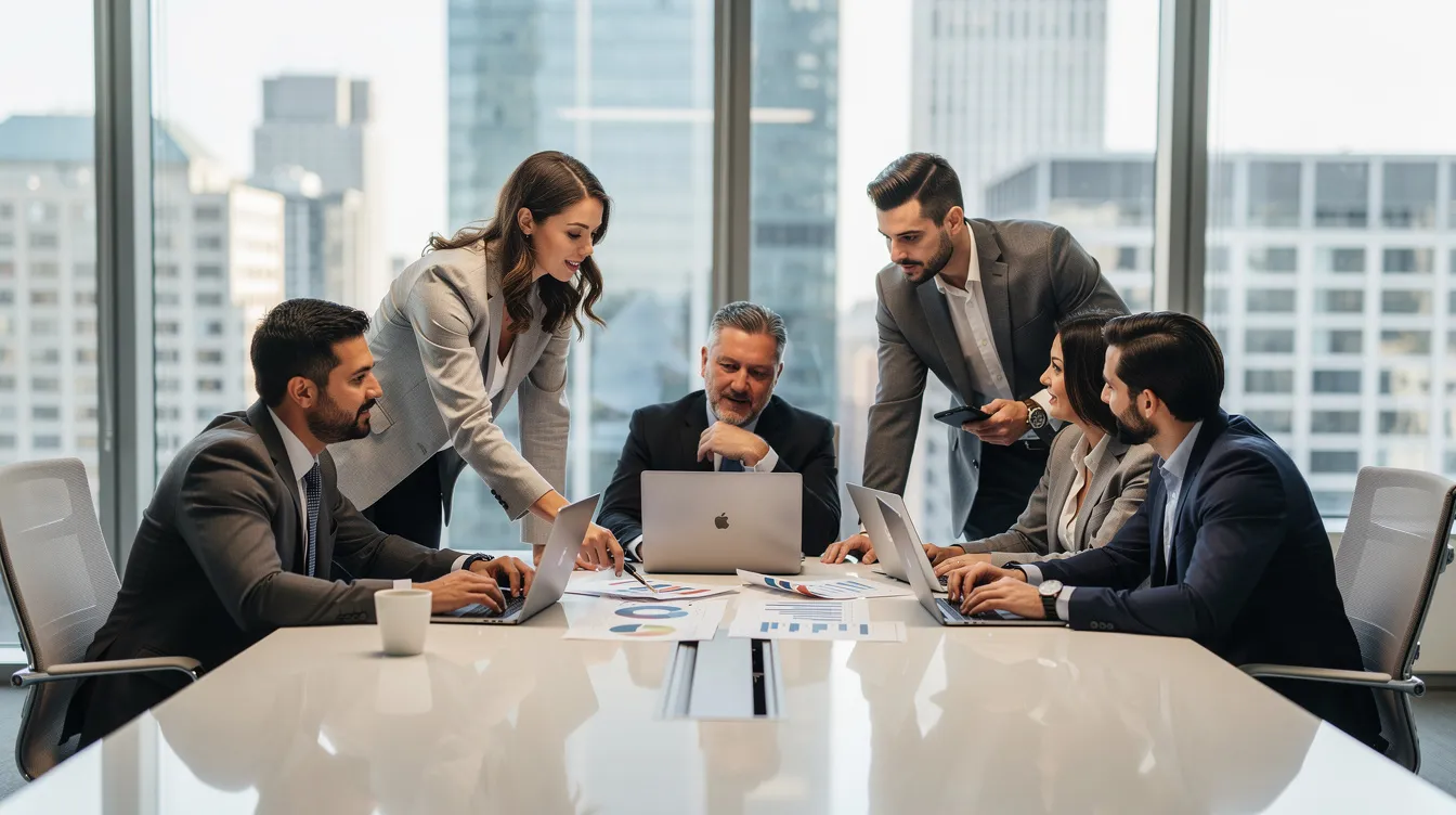 A diverse group of professionals is collaborating around a conference table, engaged in discussions with laptops and documents, focusing on ESG initiatives and corporate governance. The atmosphere reflects a commitment to sustainability and responsible investment strategies, highlighting the importance of ESG factors in their decision-making processes.