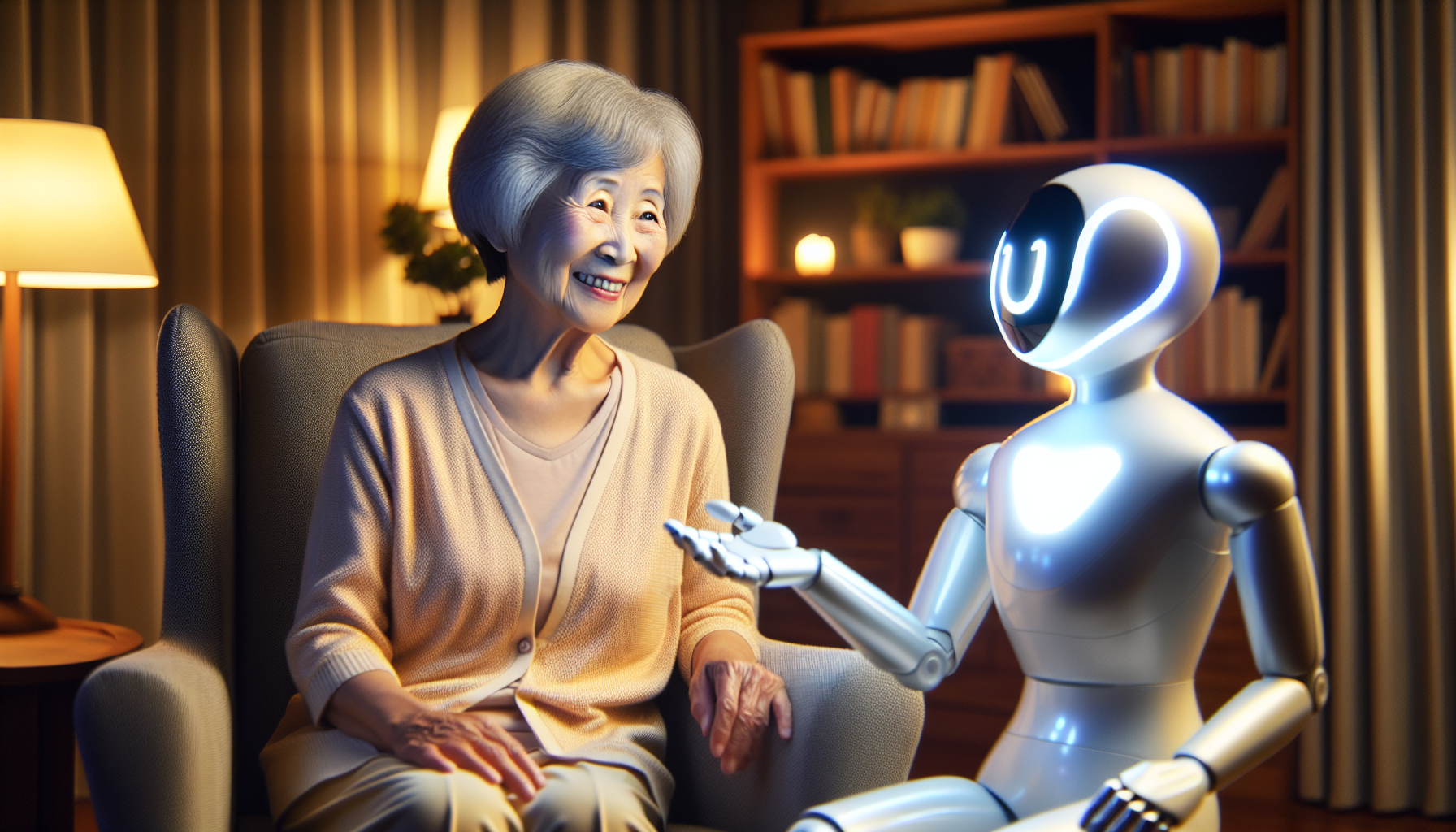 Elderly person engaging in personalized interaction with an AI companion