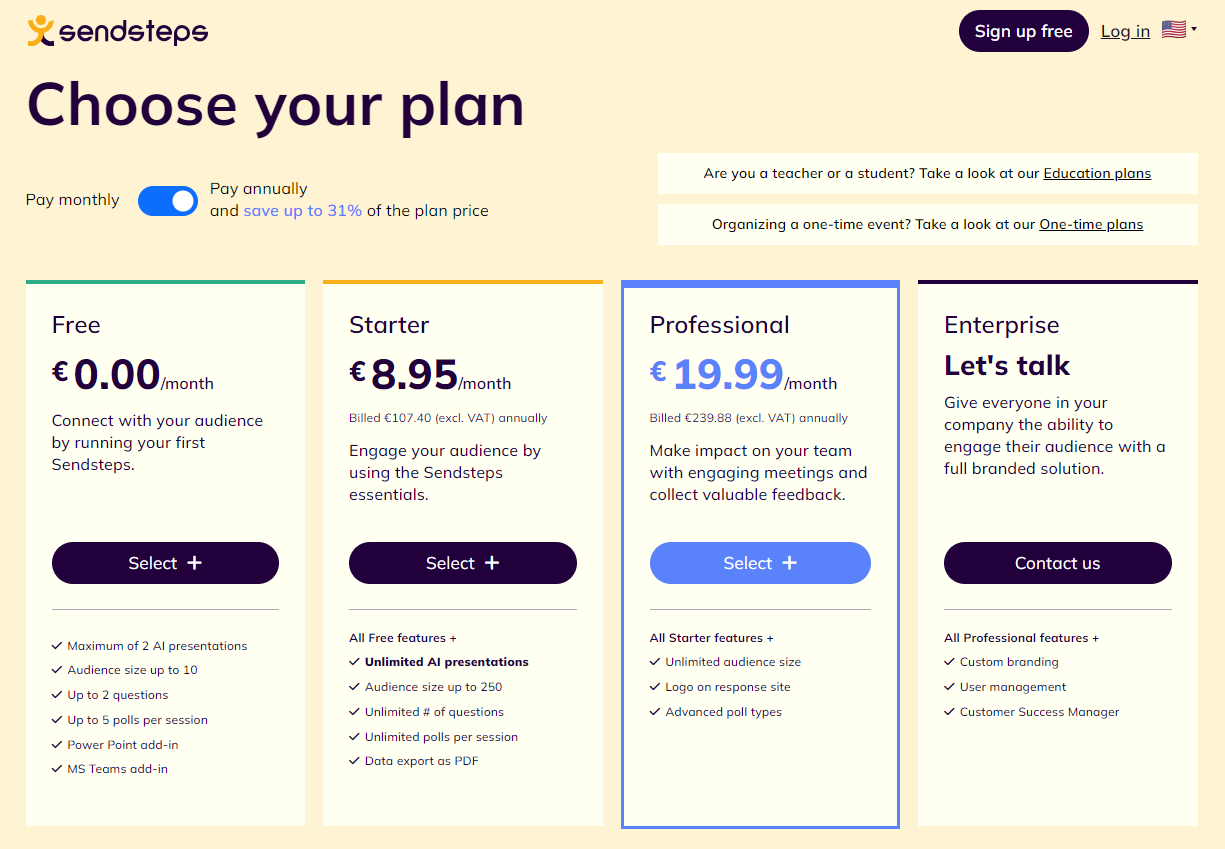 Image of Sendsteps' pricing table