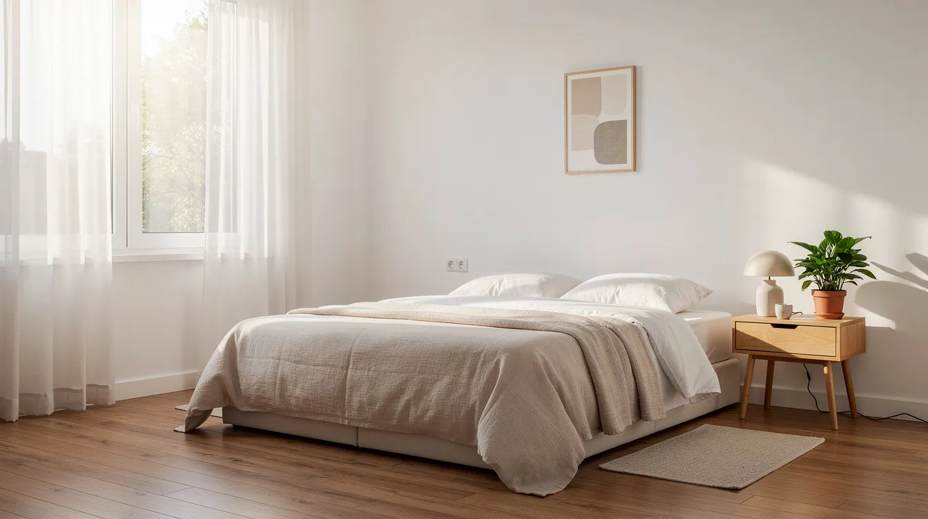The image depicts a serene bedroom filled with natural light, featuring minimal clutter that creates a calming atmosphere. This peaceful space encourages self-acceptance and positive thoughts, making it an ideal setting for young women to reflect on their self-worth and build confidence away from the distractions of daily life.