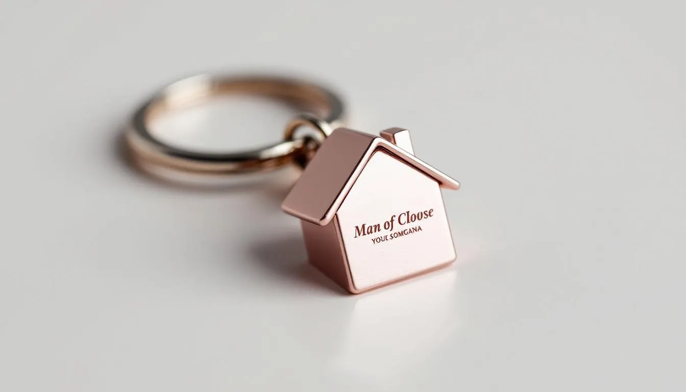 Na obrazku znajduje się elegancki brelok w kształcie domku, ozdobiony grawerowanym logo firmy. To doskonały przykład breloka reklamowego, który może służyć jako praktyczny gadżet promocyjny oraz upominek dla klientów.