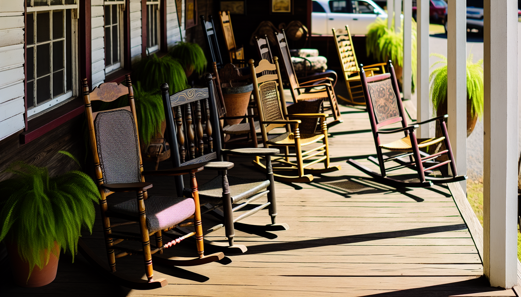 Various outdoor rocking chairs displayed on a porch