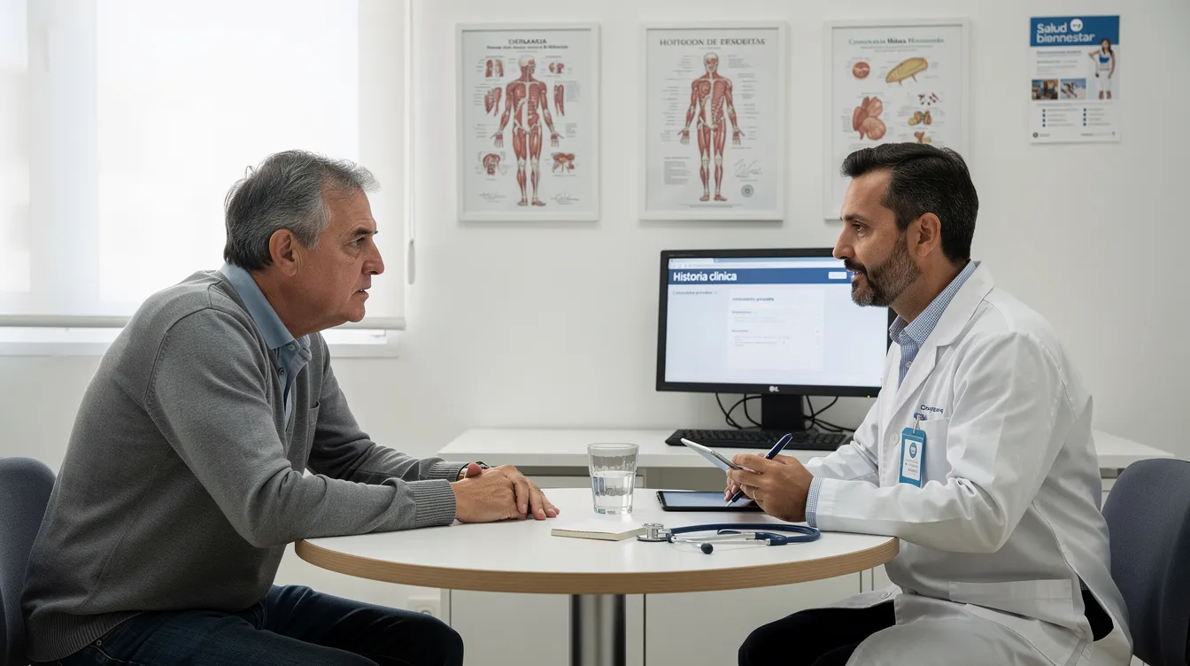 Un paciente está conversando con un especialista en una consulta médica privada, discutiendo opciones sobre liposucción masculina y lipoescultura para mejorar el contorno de su cuerpo. Ambos parecen atentos y comprometidos en el proceso de evaluación y tratamiento.