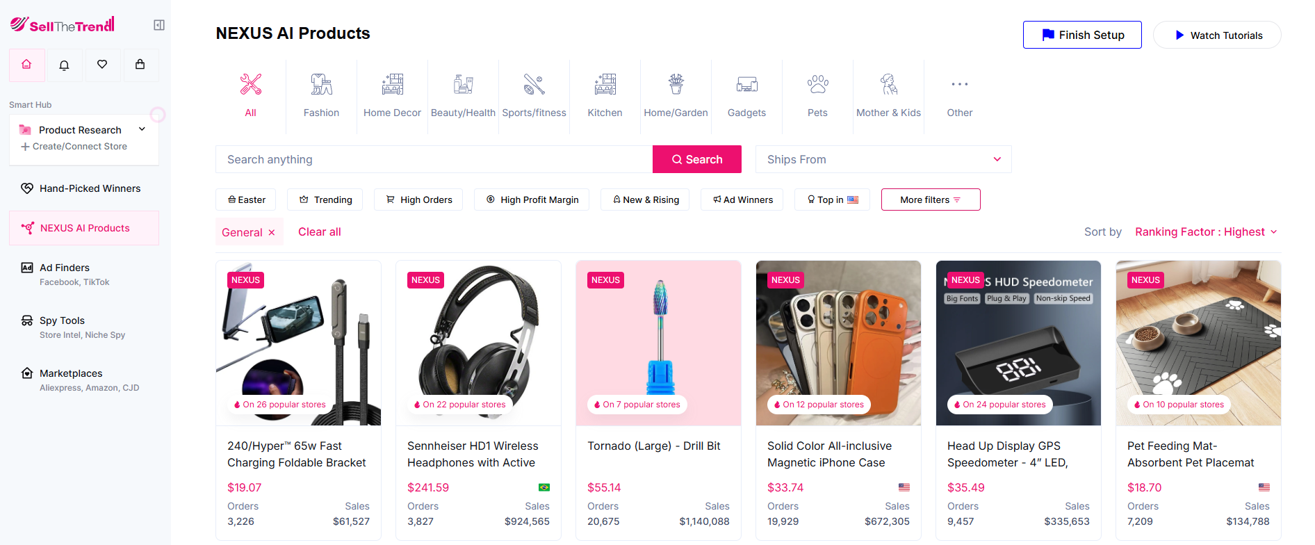 Produktforschungs-Dashboard, das die beliebtesten Produkte zeigt