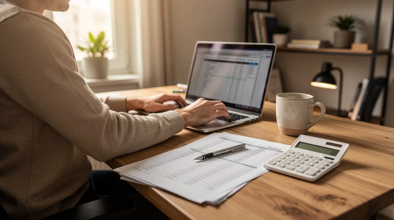 45a55bb6 91e3 4ff7 99ce 5d2be7a30f16 A person is seated at a home desk, focused on their laptop, surrounded by financial documents and a calculator, indicating they are preparing a detailed project report or analyzing financial data for a business loan application. The scene suggests a workspace dedicated to financial analysis and planning, essential for loan approval processes.