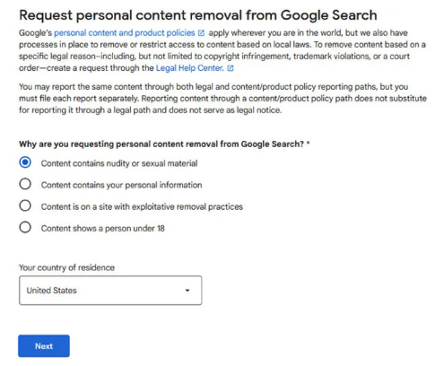 google personal content removal request