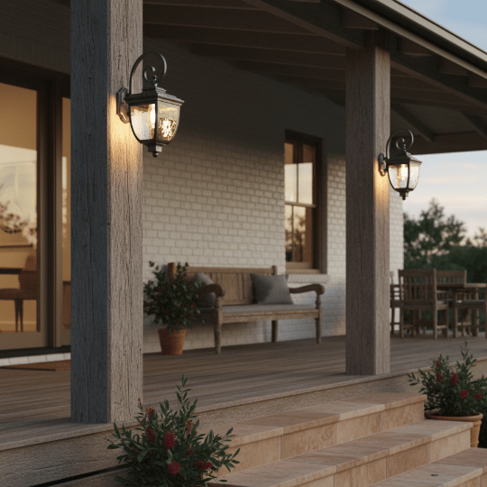 Cottage front porch with warm wall lantern sconces on rustic wood posts.