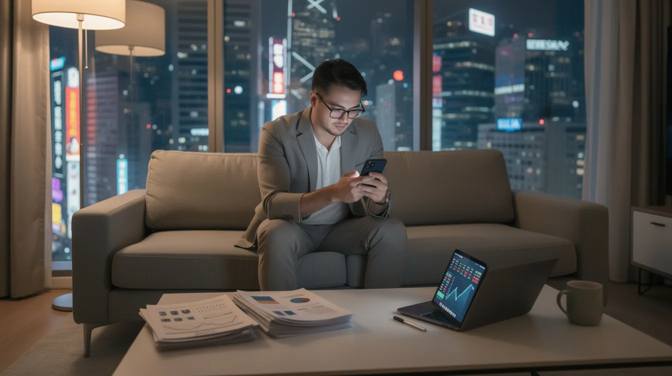 A person is sitting in a modern Hong Kong apartment, focused on reviewing financial documents on their smartphone, which likely includes details about private loans and application processes for免 tu貸款. The sleek, contemporary setting contrasts with the serious nature of their financial analysis.
