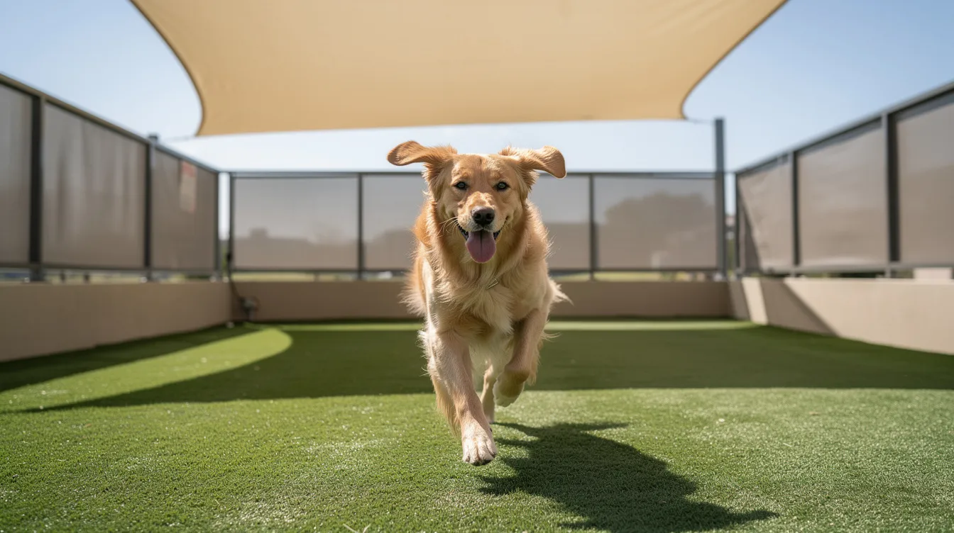 A joyful golden retriever is running across a clean, green artificial turf dog yard, with a shade sail providing protection from the sun overhead. The synthetic grass creates a durable and safe environment for pets to play and enjoy their backyard.