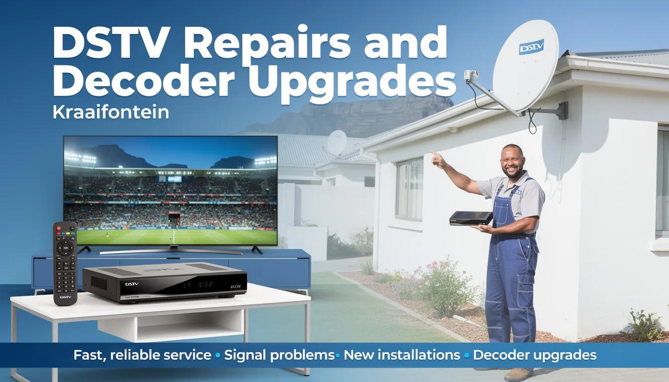The image depicts a professional technician performing DSTV repairs and decoder upgrades in Kraaifontein, showcasing various DSTV installation services such as dish alignment and cable fault repairs. The technician is equipped with industry-leading tools to ensure reliable service for customers throughout Kraaifontein.