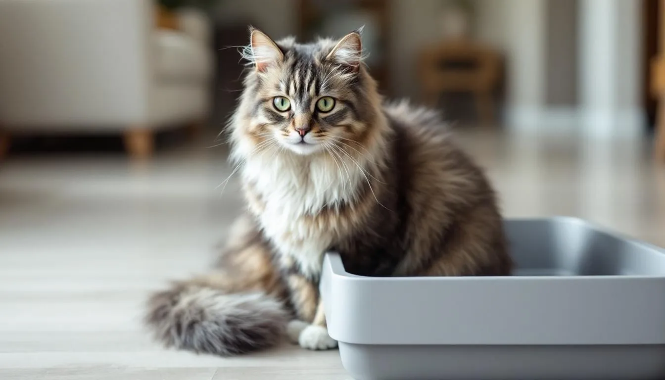 Een oudere kat zit naast een lage kattenbak die ontworpen is voor gemakkelijke toegang. De kattenbak lijkt schoon en fris, wat belangrijk is voor de gezondheid en het comfort van de kat, en maakt het schoonmaken van de kattenbak gemakkelijker voor de eigenaar.