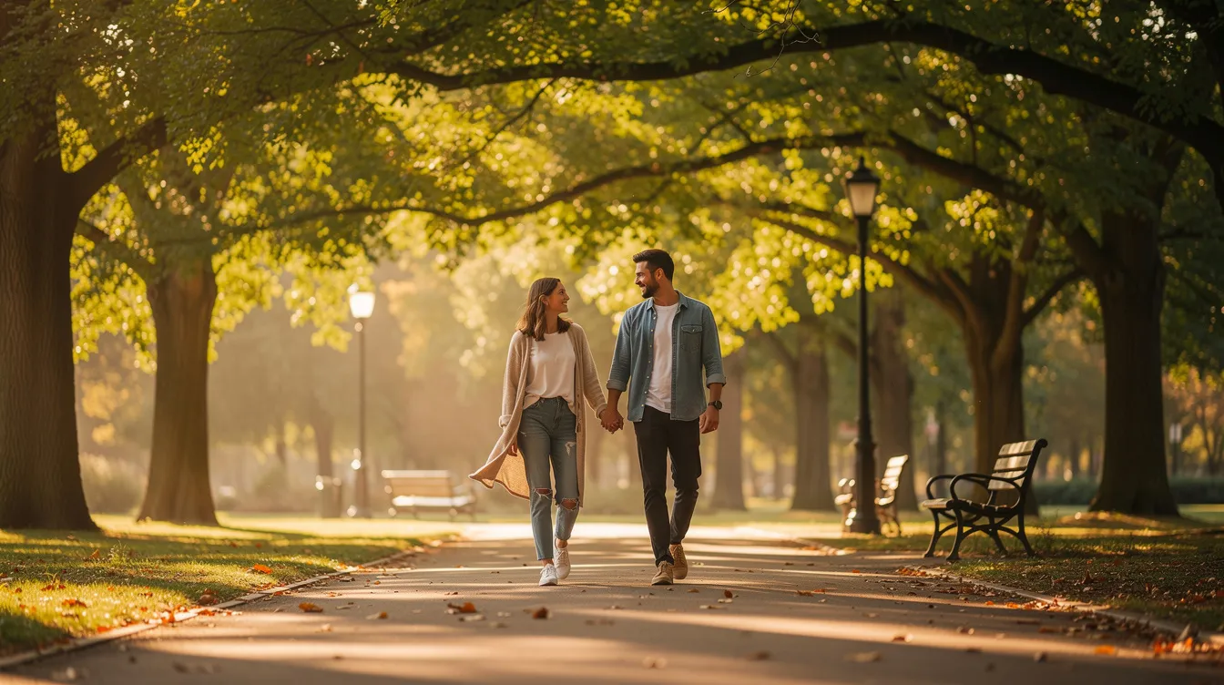 A couple strolls hand in hand along a serene park pathway, enjoying quality time together and fostering their relationship. This peaceful moment highlights the importance of communication and understanding in a good marriage, which can help prevent divorce and strengthen their bond.