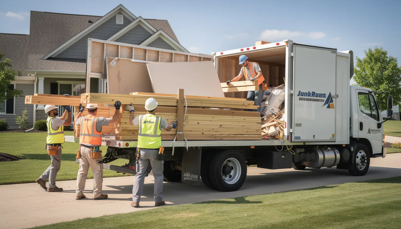 A team of professional workers in uniforms is efficiently loading lumber and drywall into a junk removal truck, demonstrating effective construction debris removal services. This scene highlights their commitment to responsible disposal of construction materials, ensuring a clean and organized site for ongoing projects.