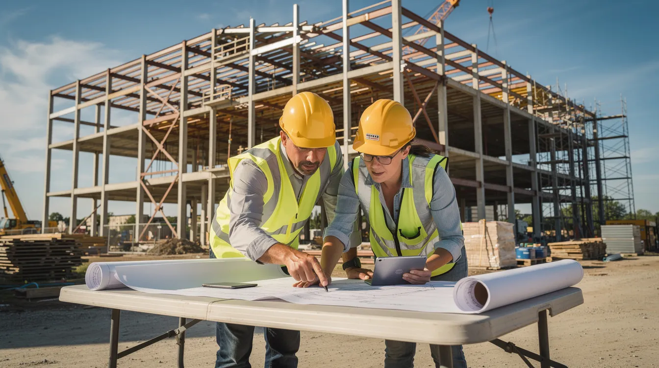 Two skilled construction workers are collaborating at a commercial building site, examining blueprints while steel framing rises in the background, showcasing the teamwork essential in the construction industry. This scene highlights the importance of skilled trades and effective project management in ensuring successful construction careers.