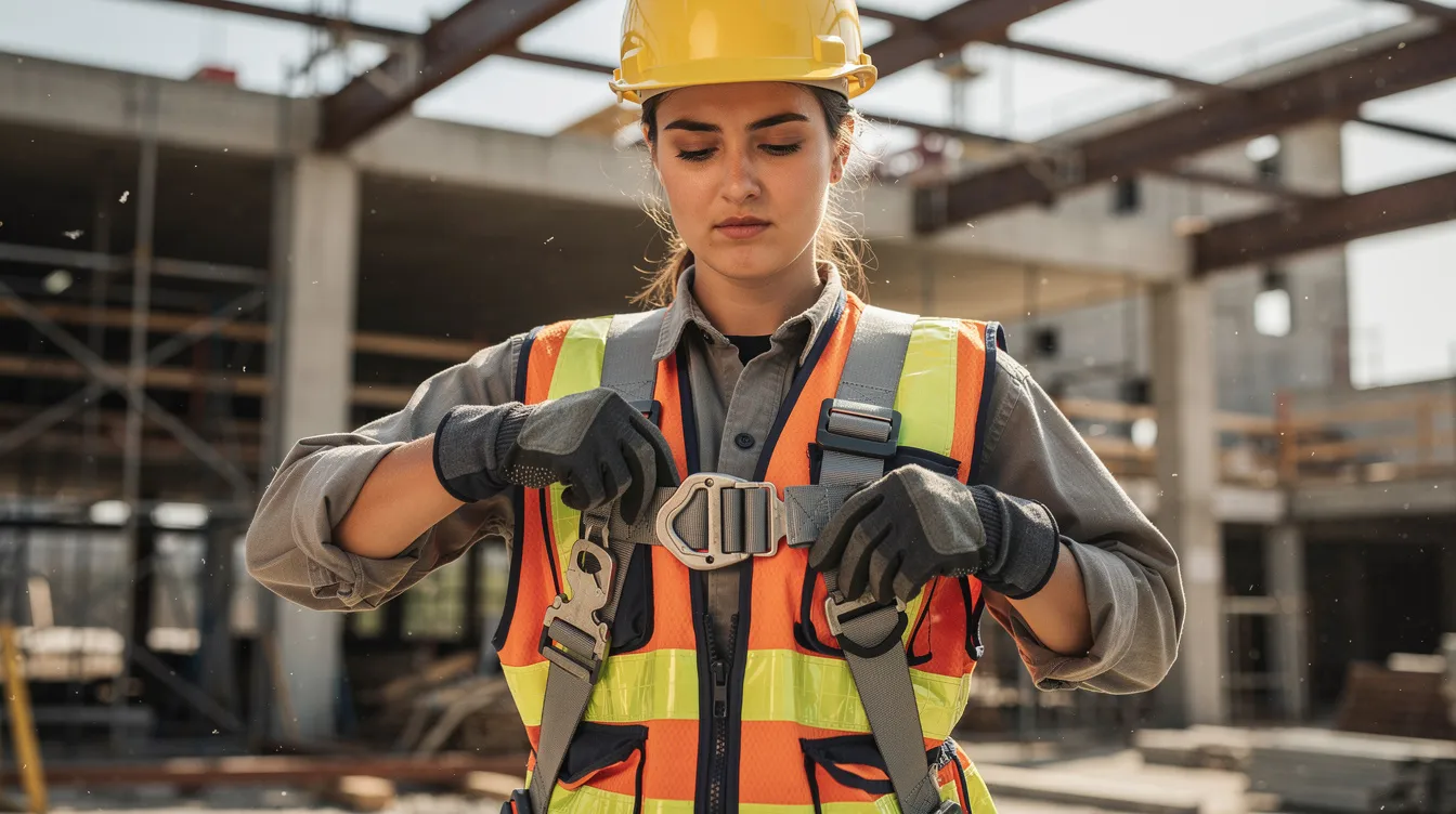A close-up image shows a female construction worker carefully adjusting her safety harness on a commercial jobsite, emphasizing the importance of safety in the construction industry. This scene highlights the commitment to training and proper practices that support career advancement and success for diverse teams in the field.