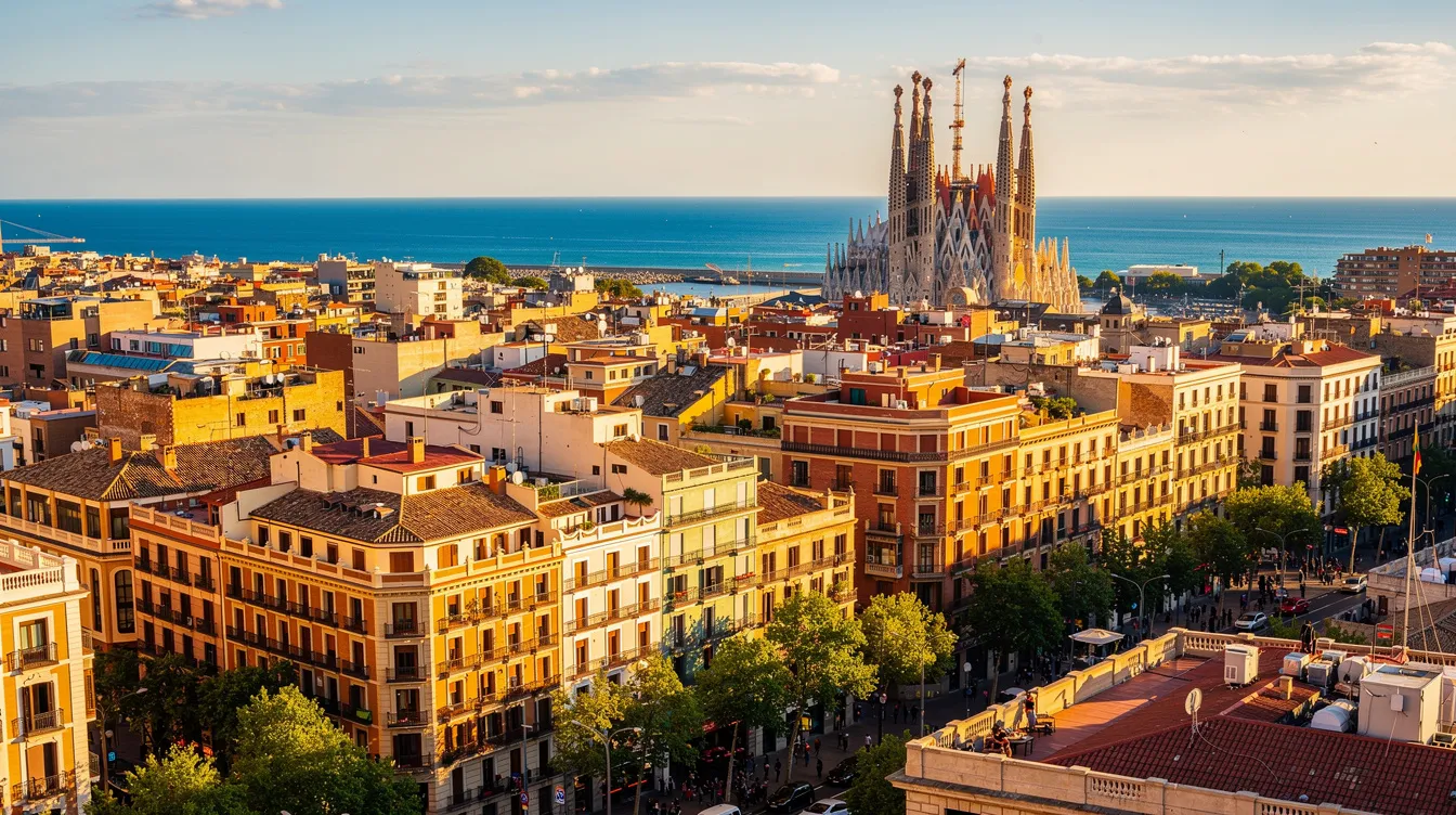A imagem mostra a impressionante Sagrada Família, uma basílica projetada pelo arquiteto Antoni Gaudí, com suas torres altíssimas e fachadas detalhadas que representam diferentes aspectos da vida de Jesus Cristo. Este ponto turístico em Barcelona é considerado uma obra-prima da arquitetura modernista e é Patrimônio da Humanidade pela UNESCO.