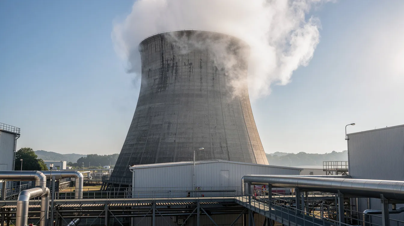 45b1952d a0ae 469b 8c55 9a58b2d0edeb The image shows a large industrial cooling tower at a manufacturing plant, with water mist rising from the top, essential for managing the temperature during the production process of dairy products like milk powder. This cooling system helps maintain consistent quality and prevent bacterial growth in the processing of raw milk into high-quality milk powder.