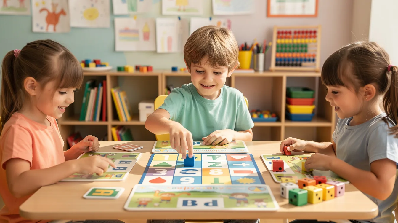 Na obrazku dzieci grają w edukacyjne gry planszowe przy stoliku, angażując się w zajęcia korekcyjno kompensacyjne, kt&oacute;re wspierają rozw&oacute;j umiejętności takich jak rozpoznawanie treści obrazk&oacute;w tematycznych i doskonalenie struktury gramatycznej zdań. W tle widać r&oacute;żnorodne pomoce dydaktyczne, kt&oacute;re ułatwiają naukę i zabawę.