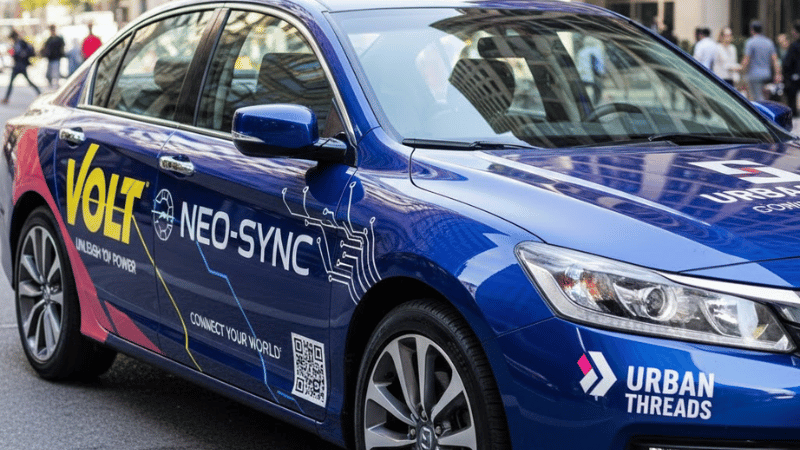  a glossy Honda Accord with advertising car wrap