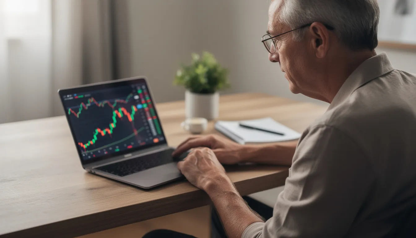 A thoughtful person in their 60s is gazing at a laptop screen displaying financial charts, contemplating their retirement plans and the exciting new chapter ahead. This image captures the essence of preparing for a happy retirement filled with endless opportunities and new adventures.