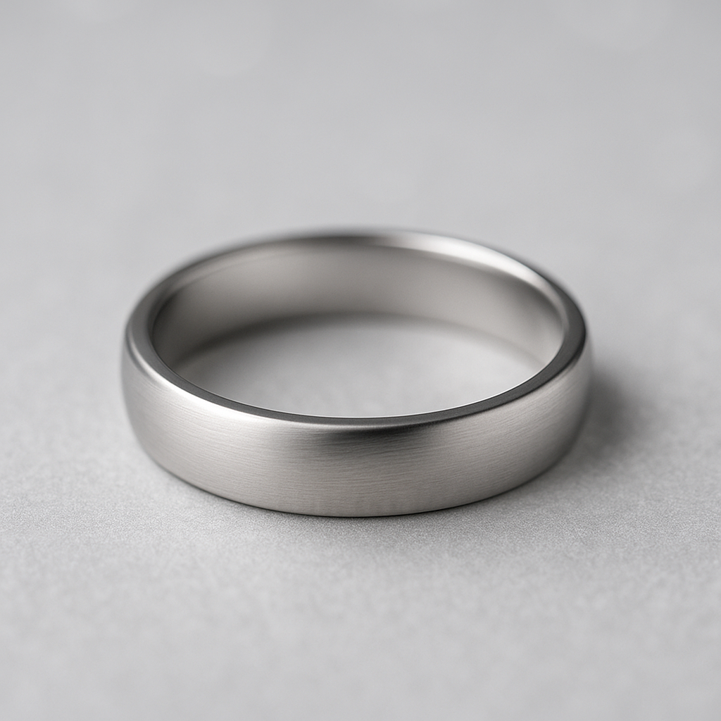 Palladiumist pulmasõrmus helehallil taustal.