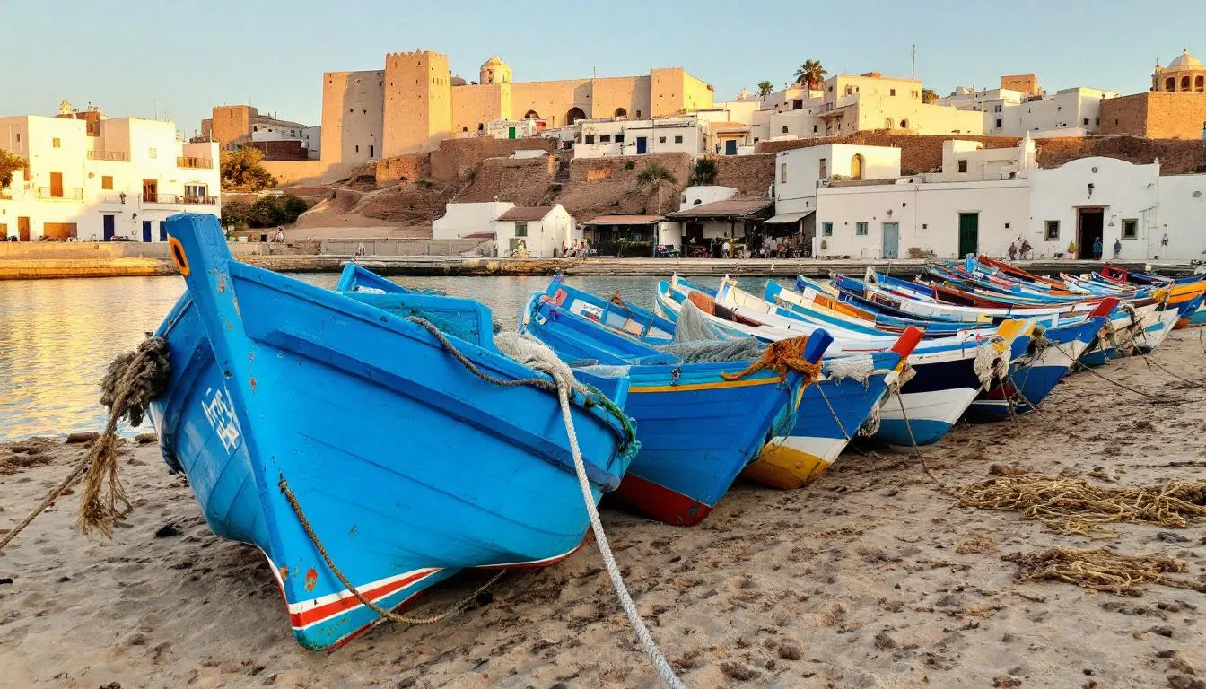 The image depicts traditional blue fishing boats docked in the Essaouira harbor, with the historic ramparts of the city rising majestically in the background. This scene captures the essence of coastal life in Morocco, showcasing the rich history and vibrant culture of this fascinating country.