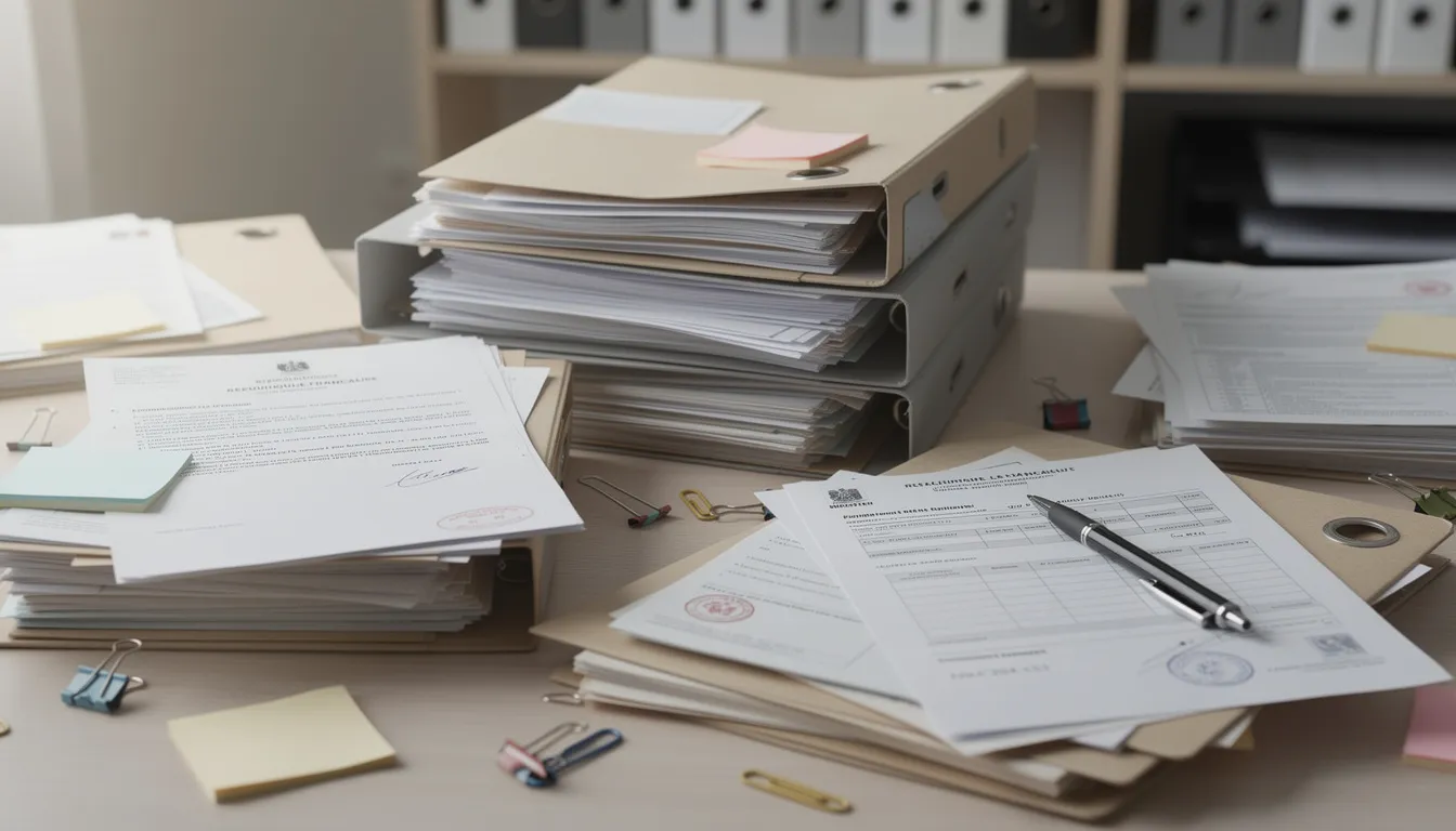 L'image montre des dossiers administratifs et des documents officiels empilés sur un bureau, représentant des éléments clés pour le service client d'Europcar, tels que des factures, des contrats de location et des réclamations. Ces documents sont essentiels pour le traitement des demandes et la communication avec le client concernant ses réservations et ses véhicules.