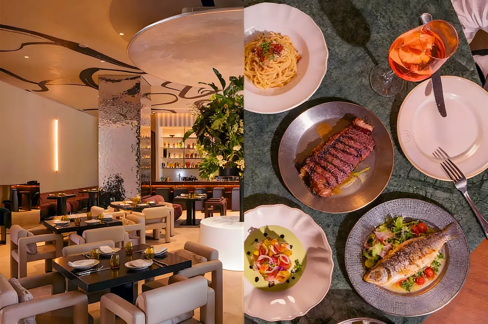 Chic restaurant interior with modern décor and soft lighting on the left. On the right, an elegant table setting with plated gourmet dishes and a cocktail.