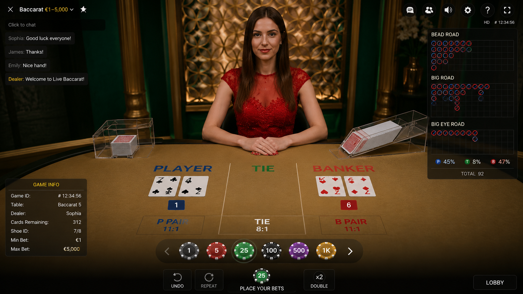 Live baccarat med riktig dealer och baccaratbord i online casino.